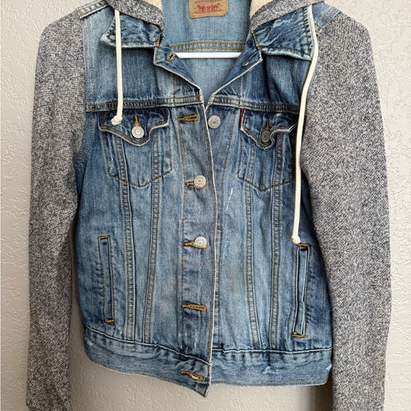 Denim Jacket with Gray sweater Sleeves and hood - Picture 1 of 7